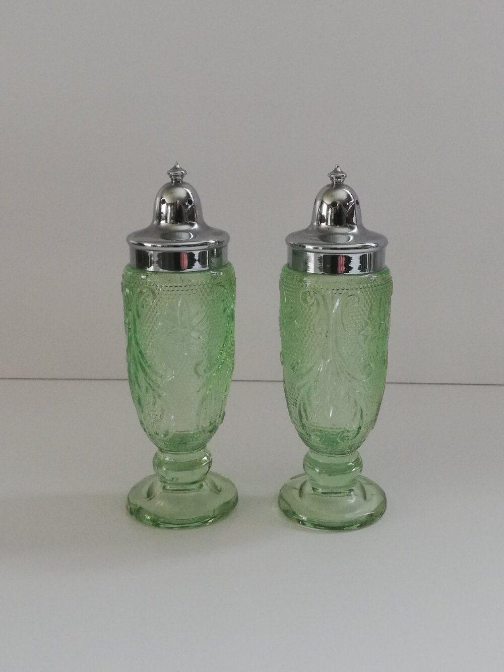 Vintage Light Green Pedestal Salt & Pepper Shakers